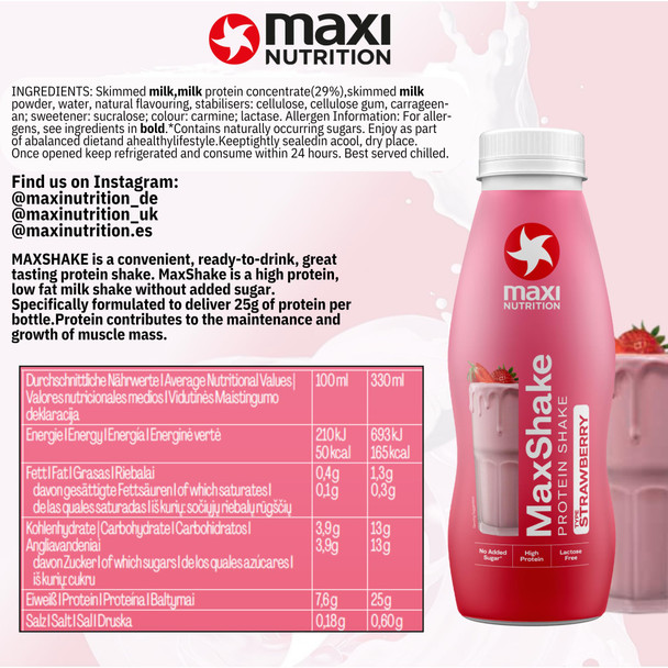 MaxiNutrition MaxShake Protein Milkshake Strawberry, 12 x 330 ml, Creamy Protein Shake for Travel, 25 g Protein, Low Fat and Low Carb, Lactose-Free, No Artificial Flavours