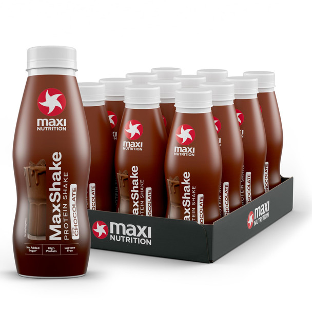 MaxiNutrition MaxShake Protein Milkshake Chocolate, 12 x 330 ml, Creamy Protein Shake for Travel, 25 g Protein, Low Fat and Low Carb, Lactose-Free, No Artificial Flavours