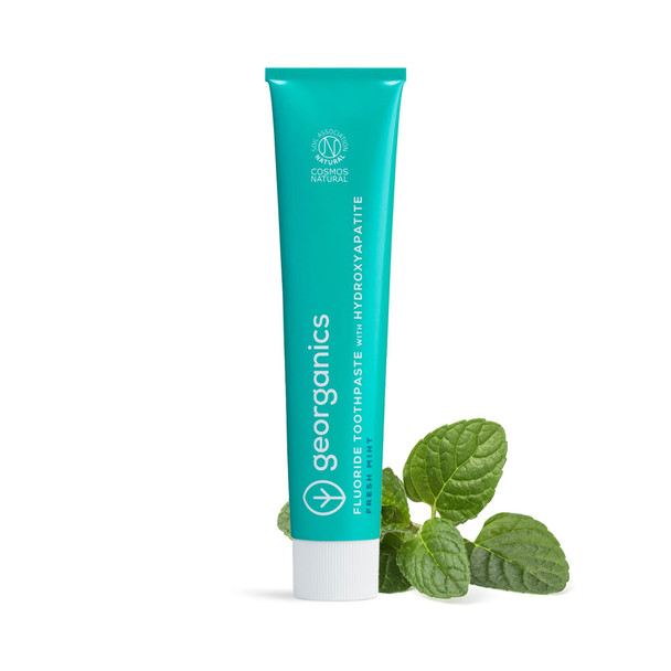 Georganics Fluoride Toothpaste with Hydroxyapatite  75ml  Fresh Mint  100% Natural and Sustainable  Superior Protection  Prevent Cavities and  Tooth Decay  Fight Plaque  for Fresh Breath