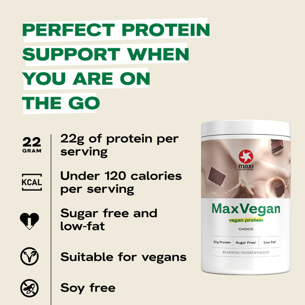 MaxiNutrition - MaxVegan Protein Powder, Chocolate - Plant Based Protein Food Supplement –, Low Fat, Sugar Free, Gluten & Soy-Free, Vegan - 23g Protein, Under 120 kcal per Serving, 420g Tub