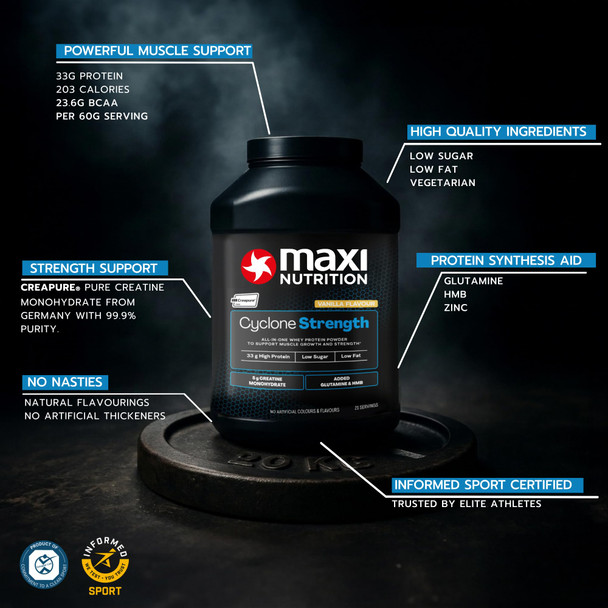 MaxiNutrition - Cyclone, Vanilla - Premium Whey Protein Powder with Added Creatine, Glutamine & HMB – Low in Sugar and Fat, Vegetarian-Friendly - 31g Protein,1.26kg. NO Artificial Colours OR Flavours