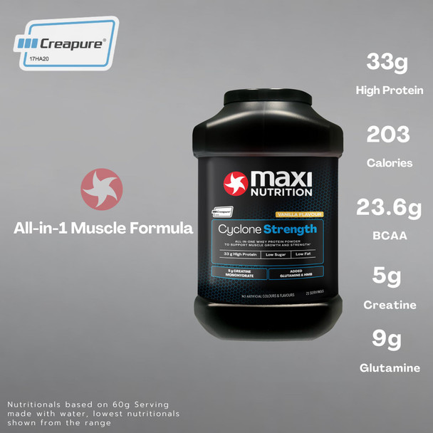 MaxiNutrition - Cyclone, Vanilla - Premium Whey Protein Powder with Added Creatine, Glutamine & HMB – Low in Sugar and Fat, Vegetarian-Friendly - 31g Protein,1.26kg. NO Artificial Colours OR Flavours