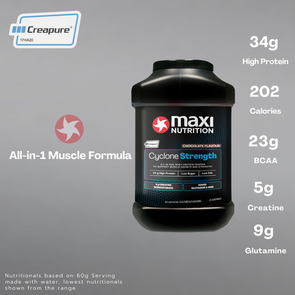 MaxiNutrition - Cyclone, Chocolate - Premium Whey Protein Powder with Added Creatine – Low in Sugar and Fat, Vegetarian-Friendly - 31g Protein, 1.26kg. NO Artificial Colours OR Flavours
