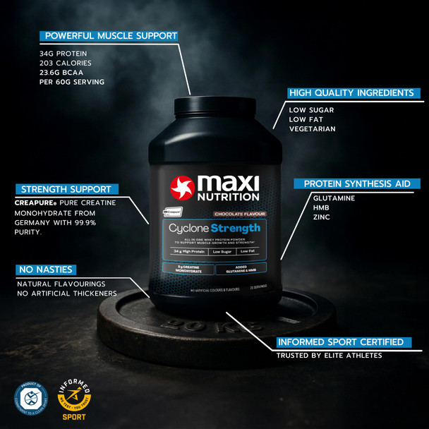 MaxiNutrition - Cyclone, Chocolate - Premium Whey Protein Powder with Added Creatine – Low in Sugar and Fat, Vegetarian-Friendly - 31g Protein, 1.26kg. NO Artificial Colours OR Flavours