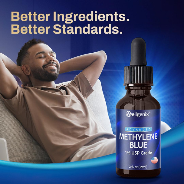 Wellgenix Methylene Blue Drops 1% USP Grade – Pharmaceutical Grade Cognitive Function & Cellular Energy Support Supplement | Formaldehyde-Free Liquid in Amber Glass Bottle with Glass Dropper – 2 fl oz