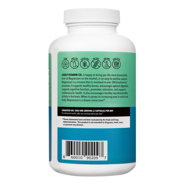 Lively Vitamin Co. Magnesium Ease - Chelated - Highly Bioavailable - Tension - Stress - Nerves - Immune Function - RLS - Gluten Dairy Soy Free - Non-GMO - 180 Vegan Capsules