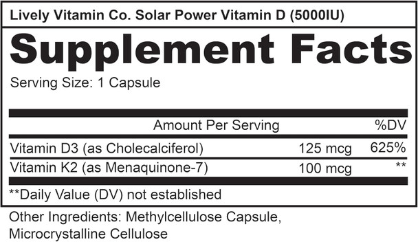 LIVELY VITAMIN CO. Solar Power Vitamin D3 5000 iu - Patented Vitamin K - MK7 - Immune Balance - Brain Function - Mood - Heart - Stress - 60 Count