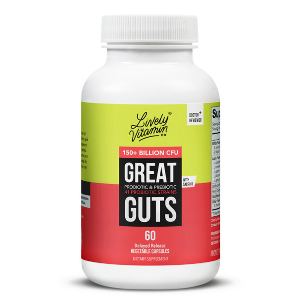LIVELY VITAMIN CO. Great Guts Probiotic - 150 Billion CFU Probiotic - Balance Gut Microbiome, GI Tract, Inflammation, Indigestion, Reflux, Upset Stomach, & Diarrhea - 60 Caps