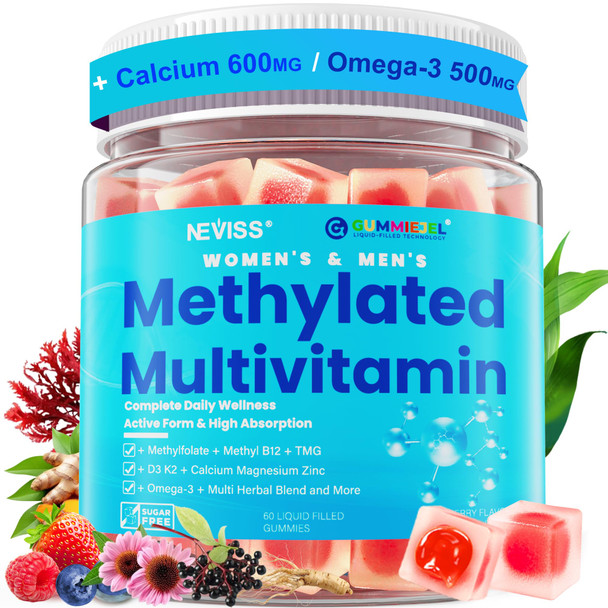 Methylated Multivitamin for Women & Men Gummies w/ Omega-3, Calcium, D3 K2