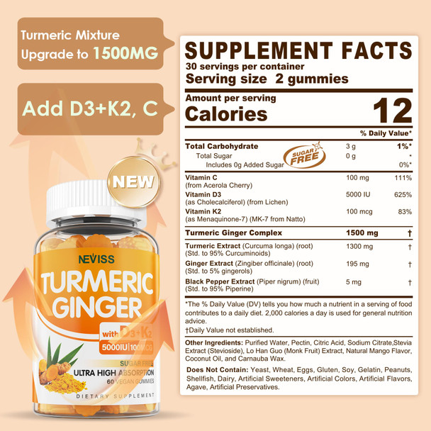 NEVISS Turmeric and Ginger Gummies Supplement 1500mg w/ Vitamin D3 K2, Sugar Free