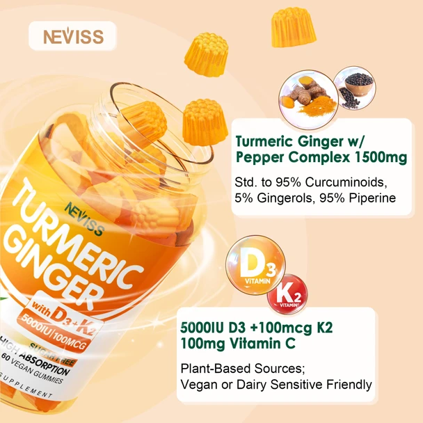 NEVISS Turmeric and Ginger Gummies Supplement 1500mg w/ Vitamin D3 K2, Sugar Free