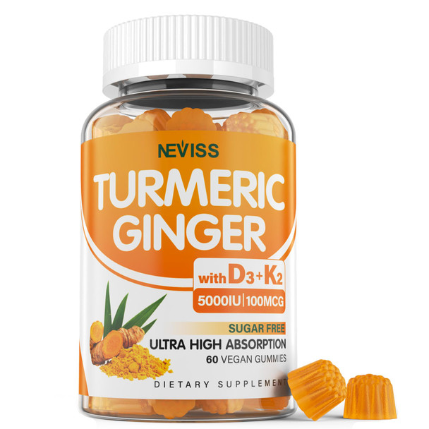 NEVISS Turmeric Ginger Gummies 1500mg w/ Vitamin D3 K2, Sugar Free, Vegan, 60ct