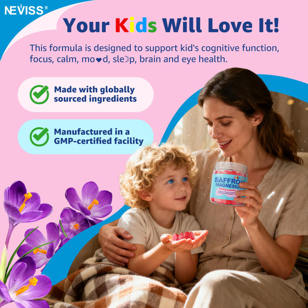 NEVISS Saffron + Magnesium Glycinate + Omega-3 - Calm Focus Gummies for Kids Teens