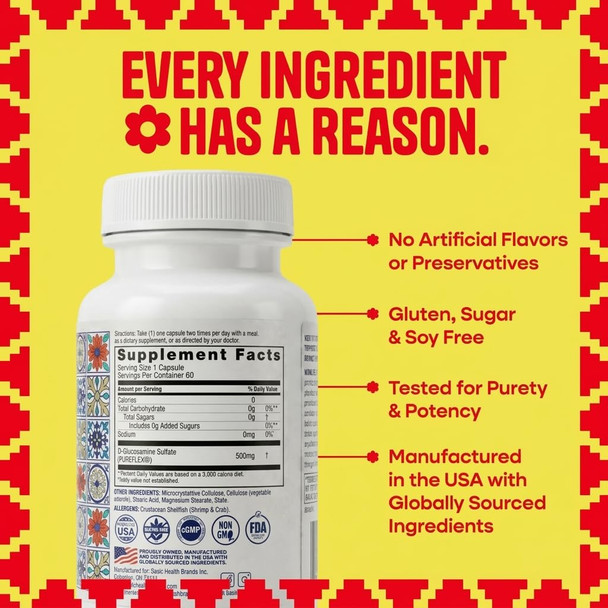 Basic Brands Pura Salud Pureflex Glucosamine Sulfate, 500mg 60 Count