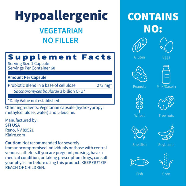 Klaire Labs Saccharomyces Boulardii - Probiotic Supplement to Help Support Healthy Yeast Balance, Immune & Digestive Health - Acid Resistant, Shelf-Stable, Hypoallergenic & Dairy- (60 Capsules)