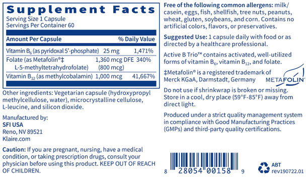 Klaire Labs Active B Trio - Active B Complex Vitamins for Mood & Energy Support - Vitamin B12 Supplement (Methylcobalamin) with Vitamin B6 & Folate (Methylfolate) - Hypoallergenic (60 Capsules)