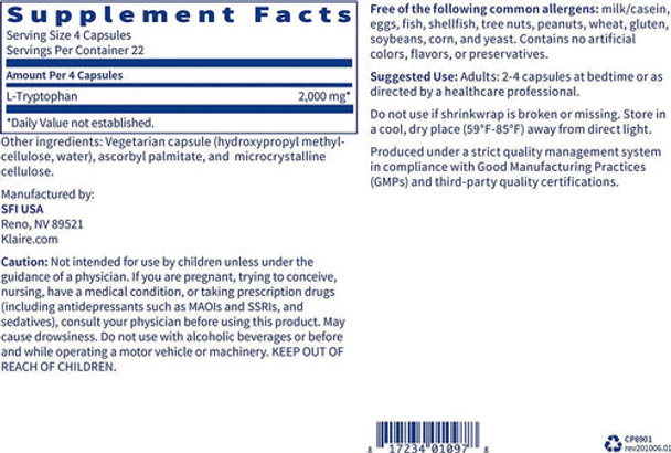 Klaire Labs L-Tryptophan - Amino Acid Precursor To Serotonin & Melatonin, Mood & Sleep Support (90 Capsules)