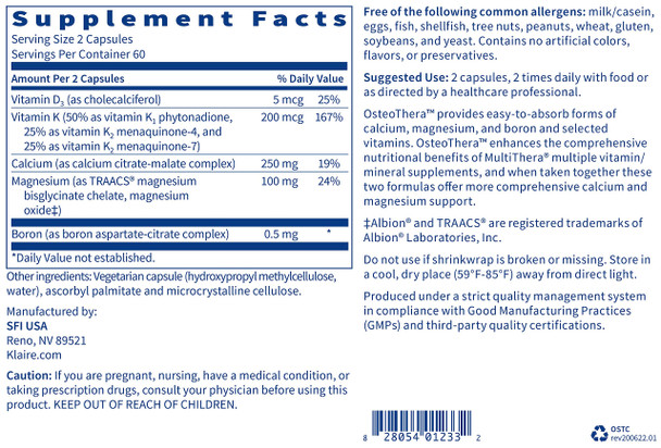 Klaire Labs Osteothera Capsules - Hypoallergenic & Multifactorial Bone Support Formula with Calcium, Vitamin K, D3, Magnesium & Boron (120 Capsules)