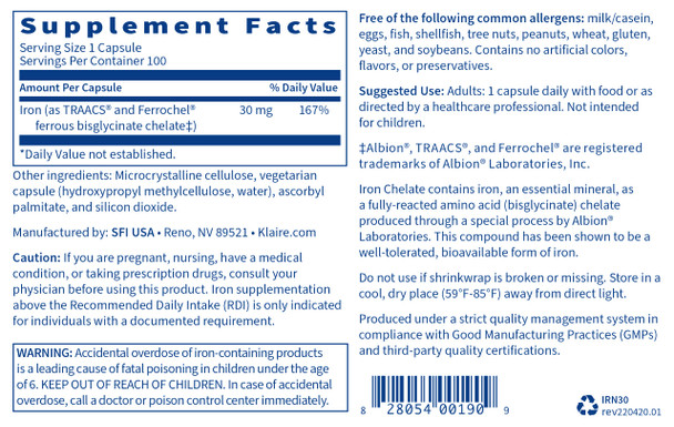 Klaire Labs Iron Bisglycinate Chelate Supplement - 30mg Ferrous Bisglycinate Chelate - Designed to be Well-Tolerated, Well-Absorbed & Gentle on Stomach - Hypoallergenic (100 Capsules)