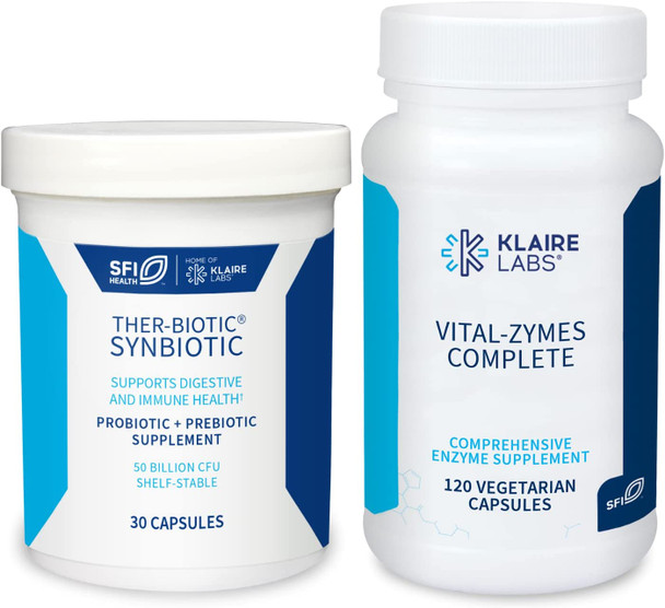 Klaire Labs Ther-Biotic Synbiotic Probiotic (30 Capsules) + Vital-Zymes Digestive Enzymes Bundle (120 Count) - Low-FODMAP Probiotic Supplement + Digestion Support Enzymes - 2 Product Set