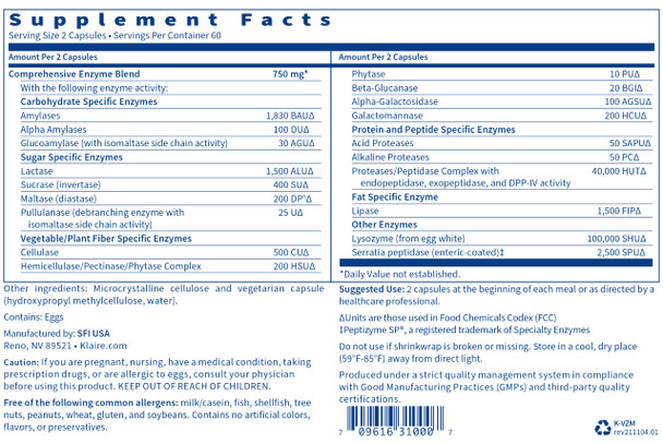 Klaire Labs Vital-Zymes Complete Digestive Enzymes - Helps Aid Digestion and Breakdown Proteins, Peptides, Carbs, Sugars, Fats & Fibers - 20 Active Enzymes (DPP-IV Activity) (120 Count) Klaire Labs Vital-Zymes Complete Digestive Enzymes - Helps Aid Digestion and Breakdown Proteins, Peptides, Carbs, Sugars, Fats & Fibers - 20 Active Enzymes (DPP-IV Activity) (120 Count)