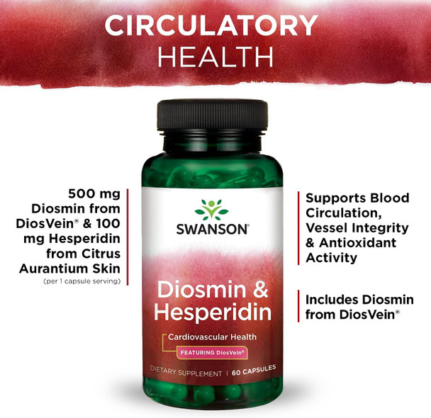 Swanson Diosmin Hesperidin - Promotes Cardiovascular Health and Vein Health Support - Helps Maintain Healthy Blood Circulation and Aids Vascular Wall Integrity and Tone - (60 Capsules)