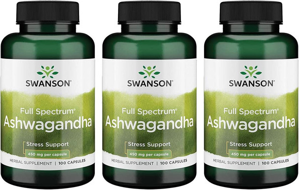 Swanson Ashwagandha Powder Supplement-Ashwagandha Root & Aerial Parts Supplement Promoting Stress Relief & Energy Support-Ayurvedic Supplement for Natural Wellness (100 Capsules, 450mg Each) 2 Pack