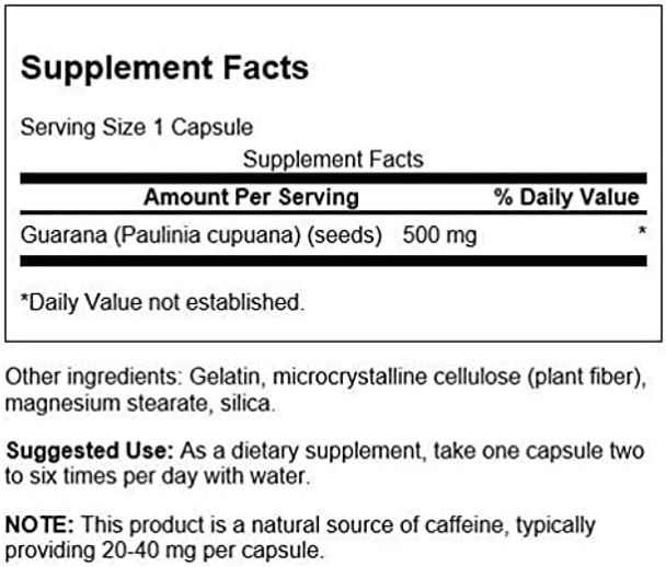 Swanson Guarana 500 Milligrams 100 Capsules (2 Pack)