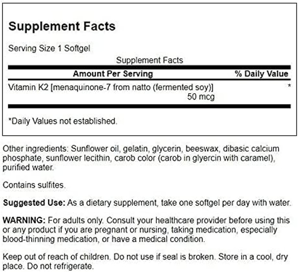 Swanson Natural Vitamin K2 (Menaquinone-7 from Natto) 50 mcg 30 Sgels