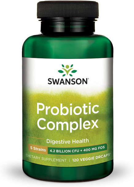 Swanson Probiotic Complex 4.2 Billion CFU 5-Strain Digestive Health Fat Metabolism Satiety Prebiotic FOS Complex Supplement 120 Veggie DRcaps