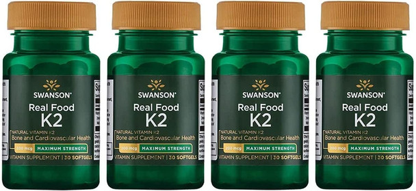 Swanson Maximum Strength Vitamin K2 (Menaquinone-7)-Vitamin Supplement Supporting Cardiovascular and Bone Health-Made from Japanese Natto to Help Regulate Calcium (30 Softgels, 200mcg Each) 4 Pack