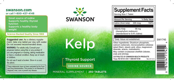 Iodine tabs from Natural Kelp 225 mcg 250 Tabs for survival kit