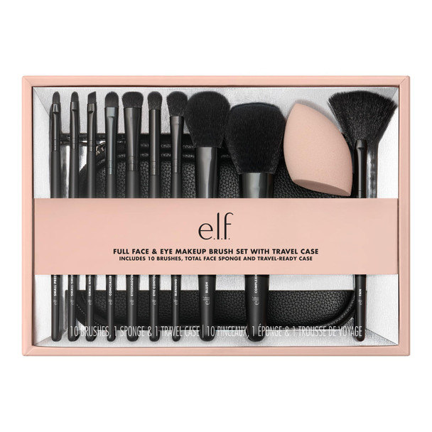 E.L.F. Full Face & Eye Makeup Brush Set With Travel Case 11 Face & Eye Brushes For Creating A Full Face Makeup Look Vegan & CrueltyFree