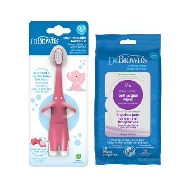 Dr. BrownS InfantToToddler Training Toothbrush Soft For BabyS First Teeth Pink Elephant 03 Years And Tooth And Gum Wipes 30 Count