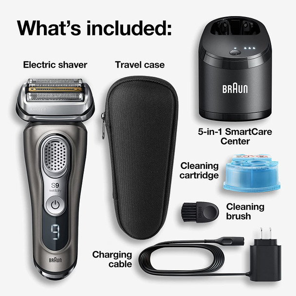 Braun Electric Razor for Men, Waterproof Foil Shaver, Series 9 9385cc, Wet & Dry Shave, With Pop-Up Beard Trimmer for Grooming, Clean & Charge SmartCare Center and Leather Travel Case, Black