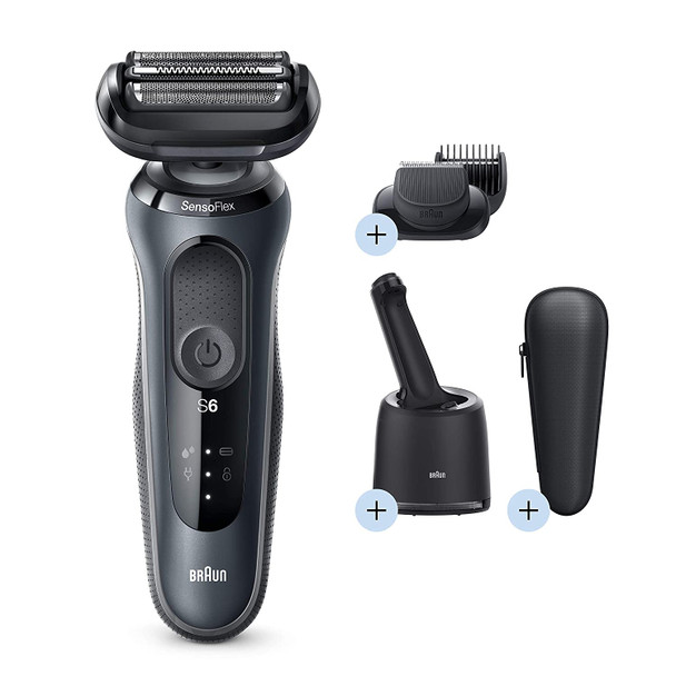 Braun Electric Razor for Men, Waterproof Foil Shaver, Series 6 6075cc, Wet & Dry Shave, With Beard Trimmer for Grooming, Clean & Charge SmartCare Center and Leather Travel Case ,Rechargeable, Black