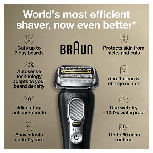 Braun Electric Razor, Waterproof Foil Shaver for Men, Series 9 Pro 9460cc, Wet & Dry Shave, With ProLift Beard Trimmer for Grooming, 5-in-1 Cleaning & Charging SmartCare Center Included, Atelier Black