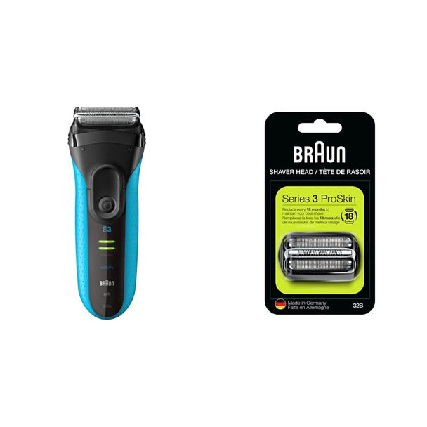 Braun Electric Series 3 Razor with Precision Trimmer, Rechargeable, Wet & Dry Foil Shaver for Men, Blue/Black, 4 Piece & Foil & Cutter Replacement Head (Packaging May Vary)