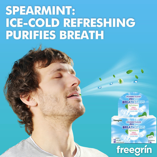 Freegrin Breath Strips Fresh Spearmint FlavorIndividual Packs 12A20Strip PacksPortable PocketSized Oral Care Mouth FreshenerSugar