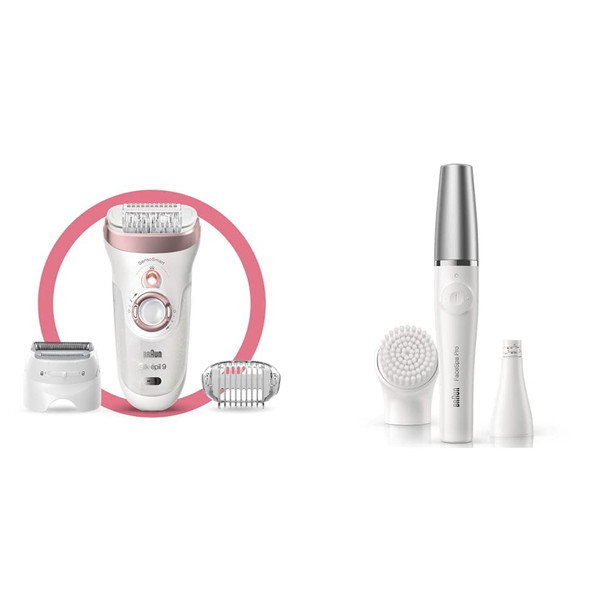 Braun Epilator Silk-epil 9-720, Body Hair Removal for Women, Wet and Dry, Women’s Shaver and Trimmer & Braun Face Epilator Facespa Pro 910, Facial Hair Removal, 2-in-1 Epilating and Cleansing Brush