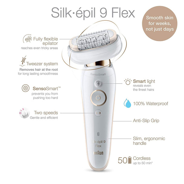 Braun Epilator Silkpil 9 9-030 with Flexible Head, Facial Hair Removal for Women and Men, Shaver & Trimmer, Cordless, Rechargeable, Wet & Dry, Beauty Kit with Body Massage Pad