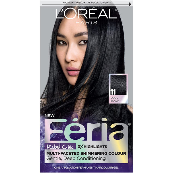 L'Oral Paris Feria Multi-Faceted Shimmering Permanent Hair Color, 11 Black Fixation (Cool Black), 1 kit Hair Dye