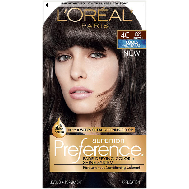 L'Oreal Paris Superior Preference Fade-Defying + Shine Permanent Hair Color, 4C Cool Dark Brown, Pack of 1, Hair Dye