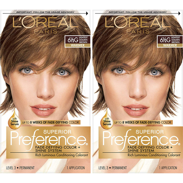 L'Oreal Paris Superior Preference Fade-Defying + Shine Permanent Hair Color, 6.5G Lightest Golden Brown, Pack of 2, Hair Dye