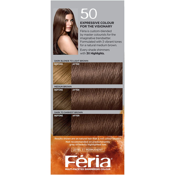 L'Oreal Paris Feria Multi-Faceted Shimmering Colour, Medium Brown [50] (Pack of 2)