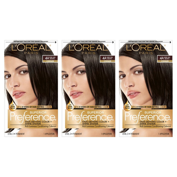 L'Oreal Paris Superior Preference Fade-Defying + Shine Permanent Hair Color, 4A Dark Ash Brown, Pack of 3, Hair Dye