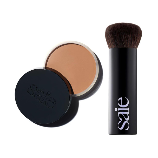 Saie Sun Melt Duo The Big Brush Soft MultiUse Liquid + Cream Makeup Brush With Synthetic Bristles Bundled With Sun Melt Bronzer In Light Bronze Buildable Cream Contour Velvet Finish (1 Oz)