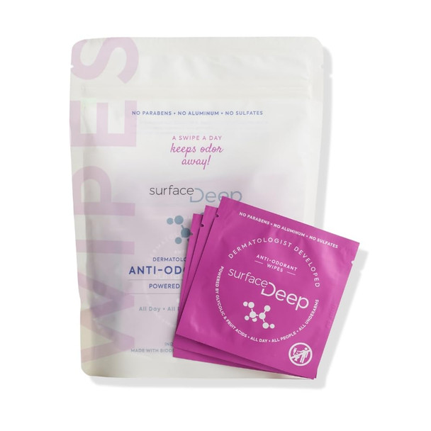 Surface Deep Deodorant Wipes Dermatologist Developed & Patented AntiOdorant Body Wipes Natural Formula Travel Friendly Deodorant Perfect For Travel Women/Men Individually Wrapped 30Pk