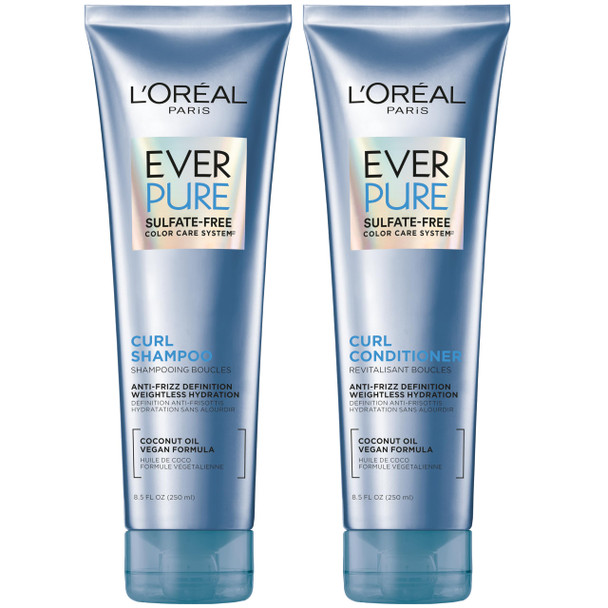 L'Oreal Paris EverCurl Sulfate Free Shampoo and Conditioner Kit for Curly Hair Lightweight  Anti-Frizz Hydration Gentle on Curls with Coconut Oil  8.5 Ounce Set of 2 (Packaging May Vary)