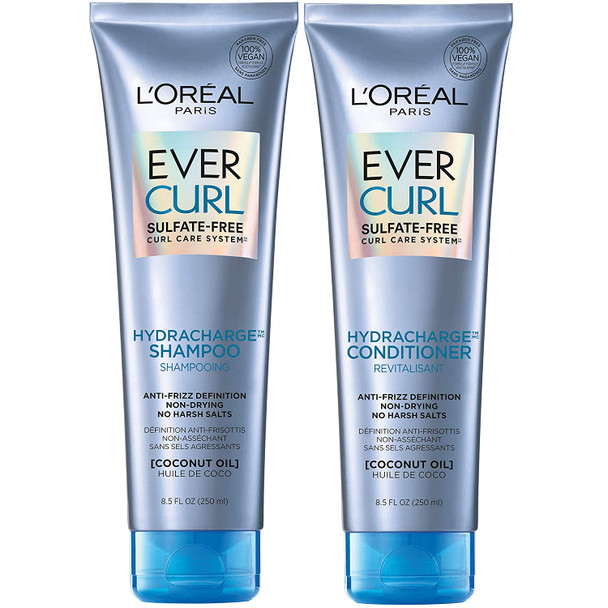 L'Oreal Paris EverCurl Sulfate Free Shampoo and Conditioner Kit for Curly Hair, Lightweight, Anti-Frizz Hydration, Gentle on Curls, with Coconut Oil, 8.5 Ounce, Set of 2 (Packaging May Vary)